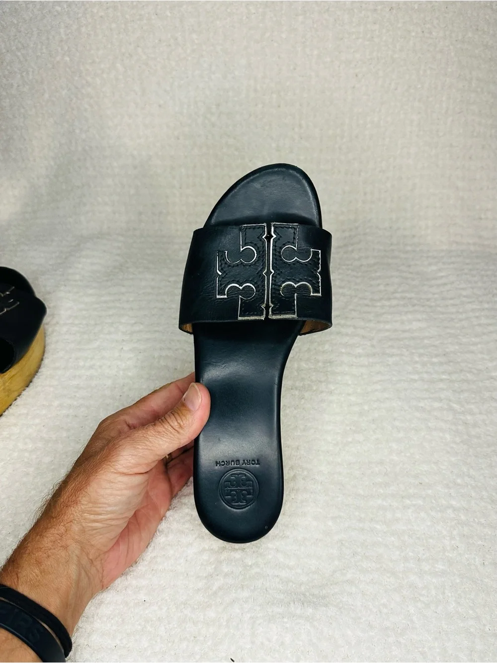 Tory Burch Black Leather Slide Wedge Mules with Logo Strap
